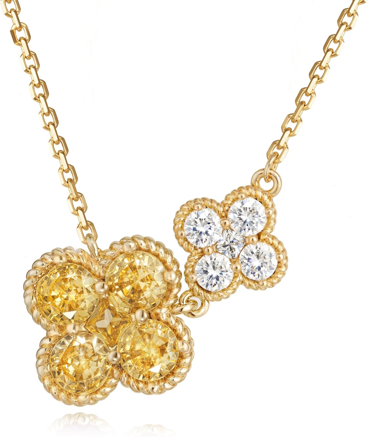 MYEARS Gold Necklace for Women Flower Pendant Sideways Double Four-leaf-clover Link Birthstone Cubic Zirconia 14K Simple Dainty Chain Floral Lucky Jewelry Gift