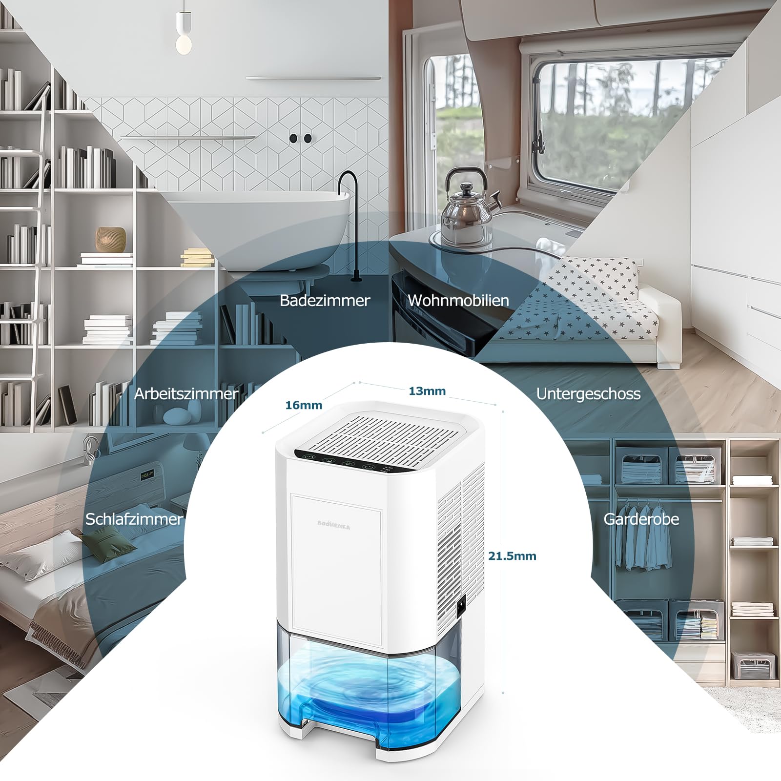 BOOHENKA Elektryczny osuszacz powietrza, 1200 ml, mały dehumidifier, automatyczne rozmrażanie do piwnicy, łazienki, 7 kolorów, z timerem, przeciwdziała wilgoci, bardzo cichy
