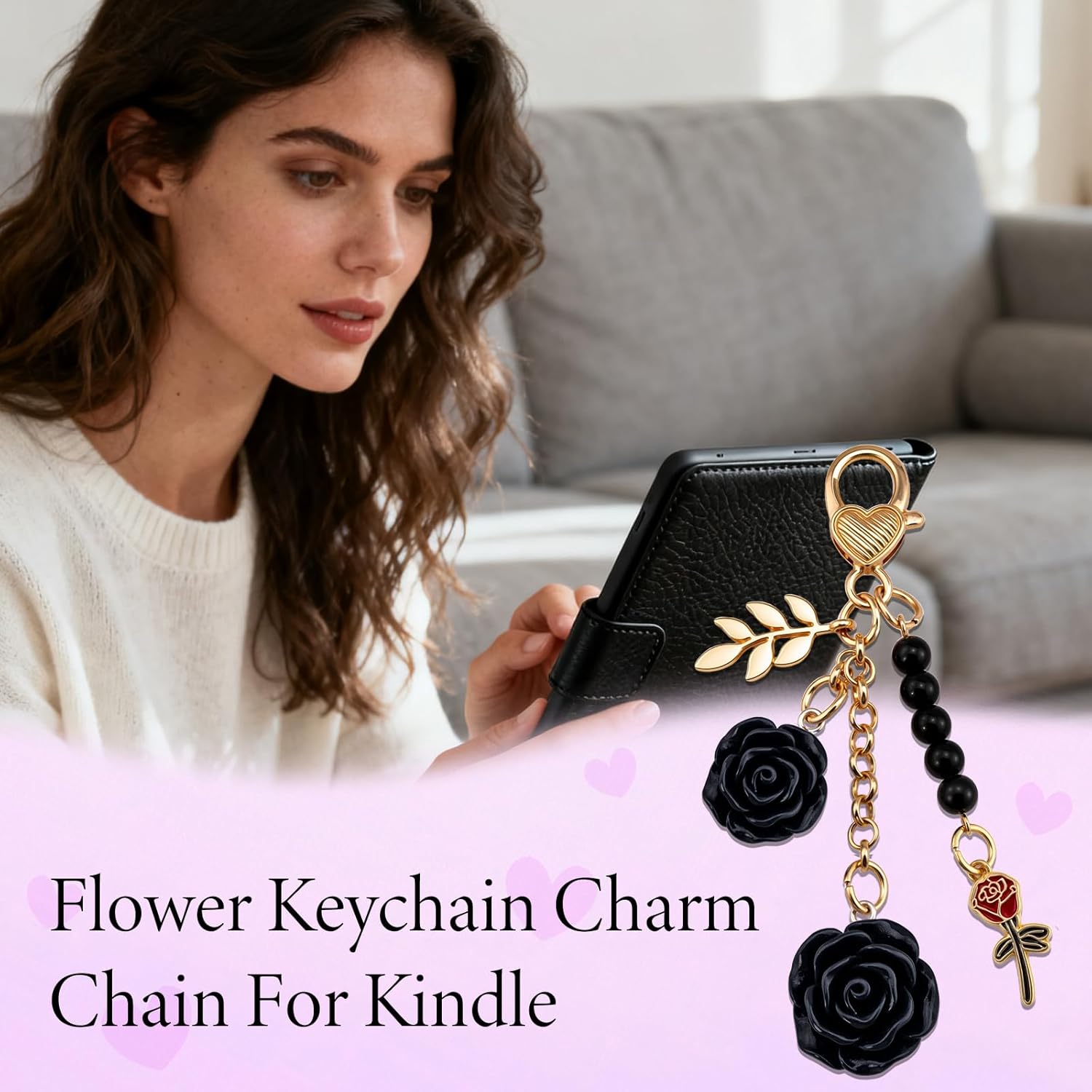 Rose Purse Charms Cute Flower Keychain With Heart Sticker Charm Chain For Kindle Colorful Bag Charms For Handbags - Image 6