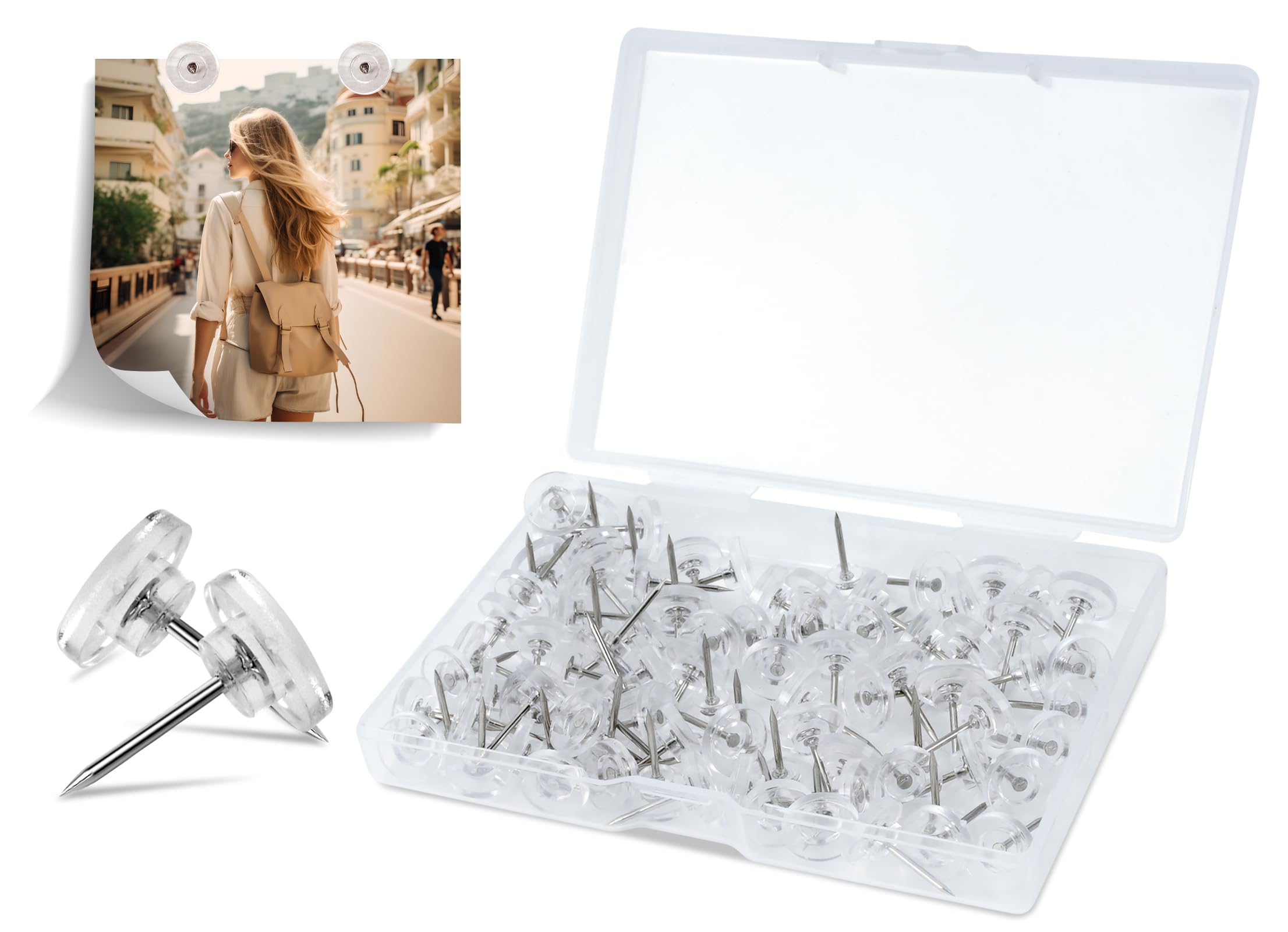 200 Transparente Reißzwecken Mit Box – Flache Stecknadeln 16mm, Silber, Für Pinnwand & Büro