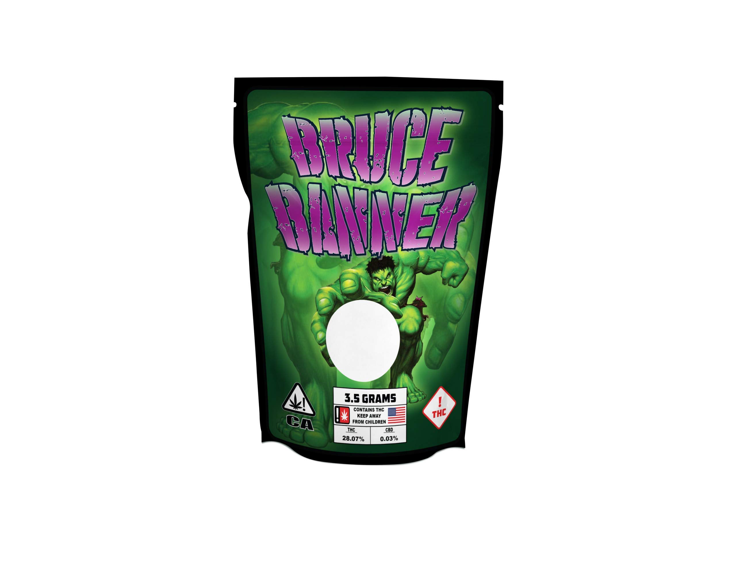 Pound's Press 3.5g, 1/8oz Mylar Bag Stickers - Printed High Gloss Vinyl Label with Strain Design (Bruce Banner, Pack of 32)