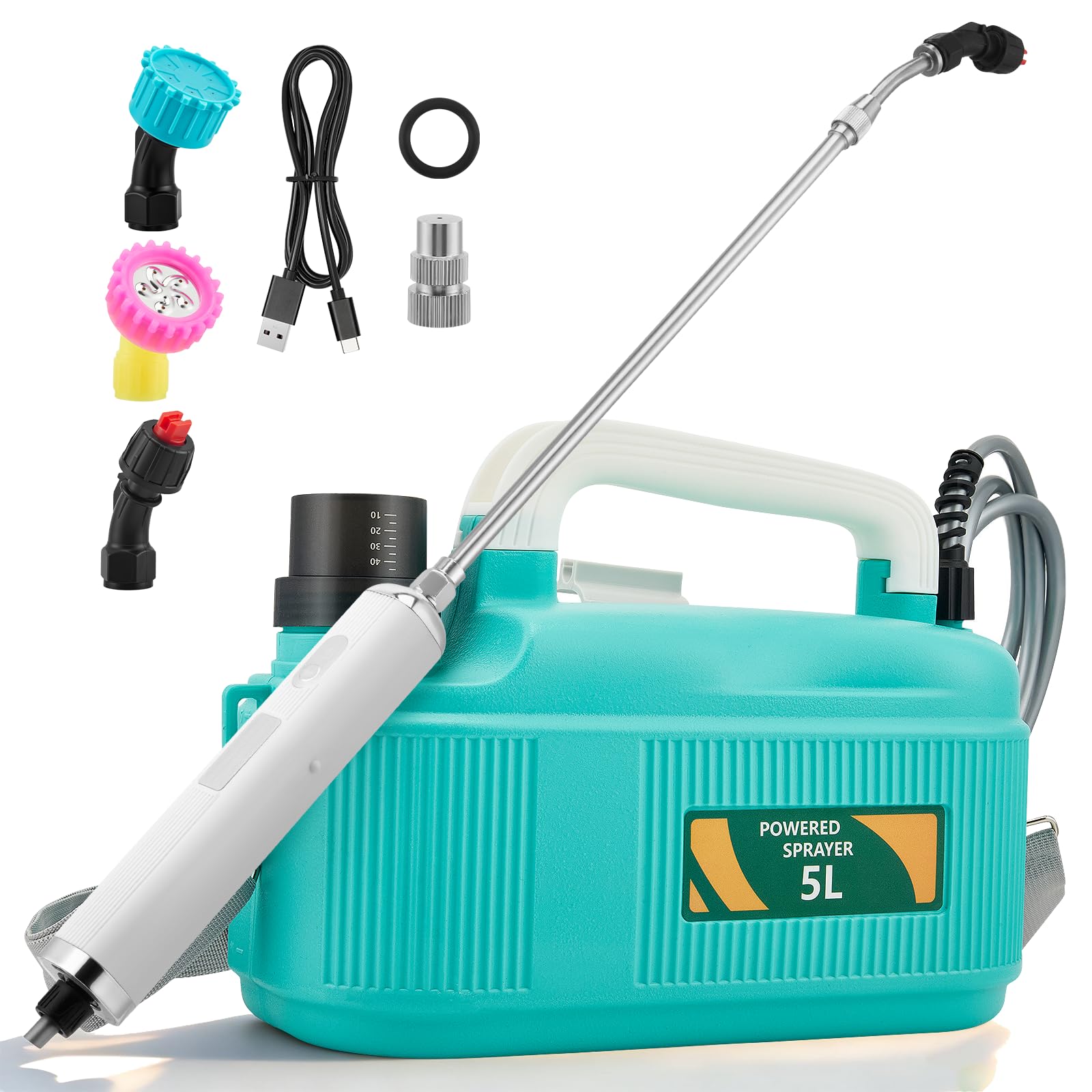 Spruzzatore a pressione a batteria elettrico da 5 litri - Spruzzatore per piante con 3 ugelli regolabili e batteria da 4000 mAh - Spruzzatore da giardino ricaricabile tramite USB con asta telescopica