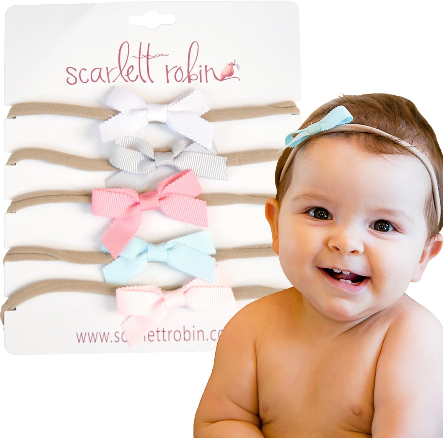 5 Baby Girl Hair Bows on Nylon Headbands | Improved Band Size | 2" Ribbon"Softs" Pack | by Scarlett Robin