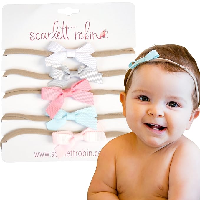 5 Baby Girl Hair Bows on Nylon Headbands Improved Band