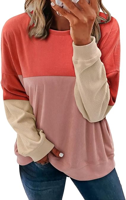 KISSMODA Women's Casual Long Sleeve Sweatshirt Color Block/Solid Crewneck Corduroy Pullover Cute Tops
