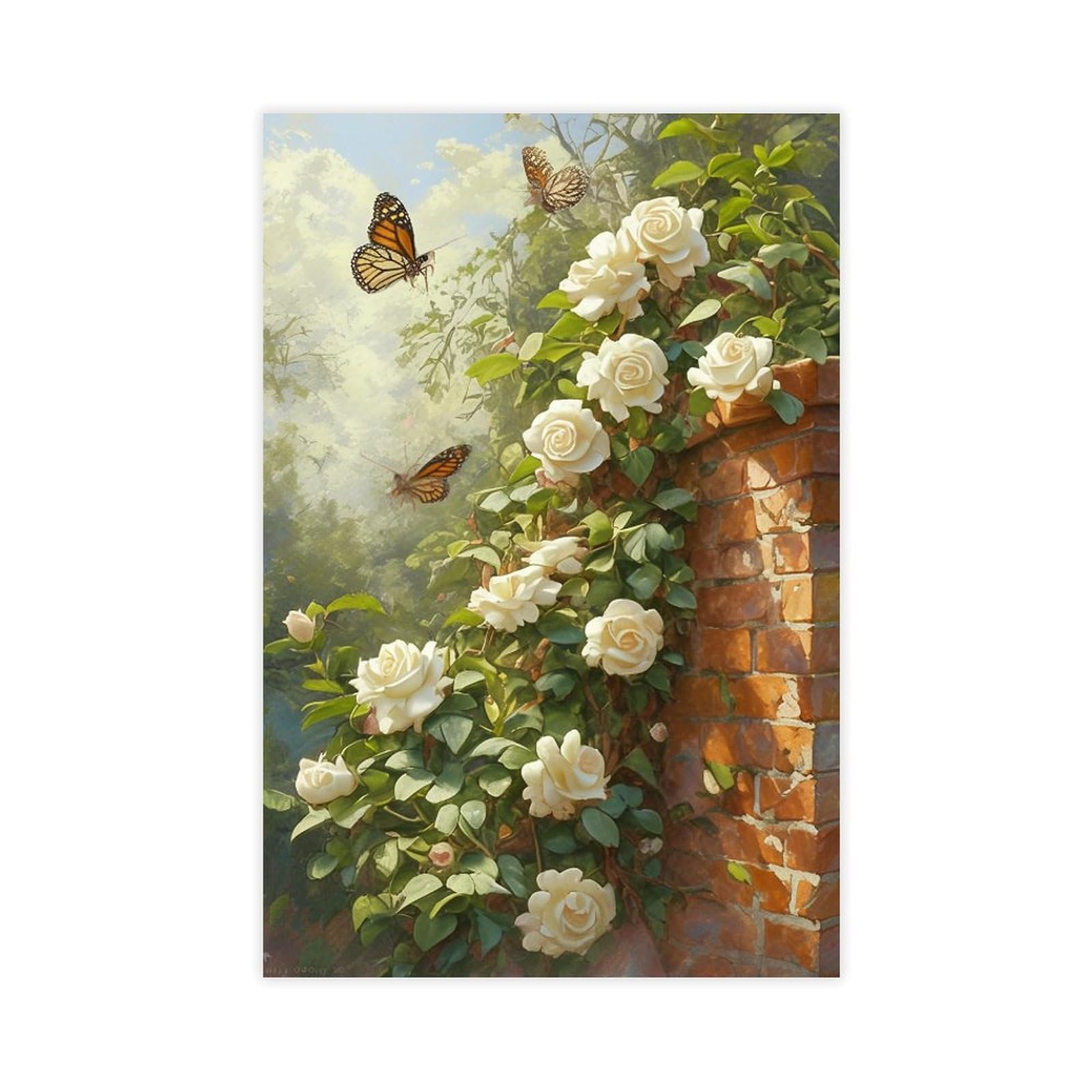 White Roses And Breezy Butterflies Garden Wall Art Posters Canvas Print Mural Picture Modern Home Bedroom Decor