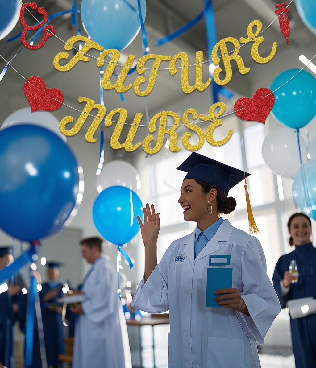 Future Nurse Banner,Congrats Nurse Graduation Party Decoration,Class Of 2025 Nurse School Graduation Party Supplies Gold Red - Image 2