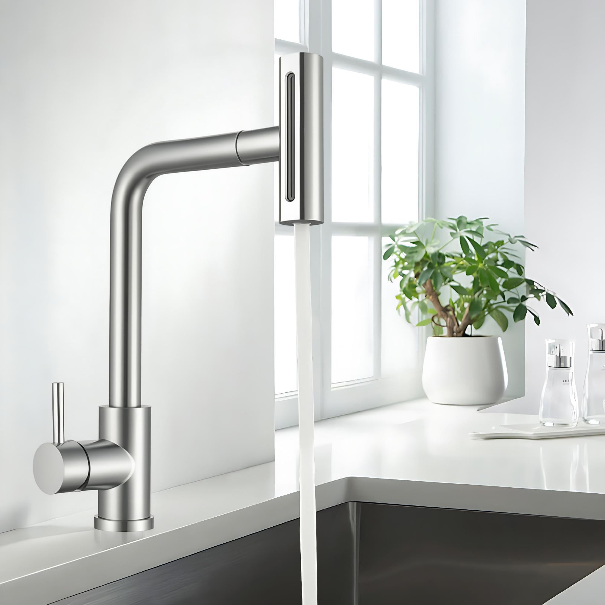 Grifo de Cocina con Cascada, Grifo Giratorio de Acero Inoxidable con 4 Modos de Chorro Boquilla ExtraíBle y Mezclador Monomando para Cocinas Moderna