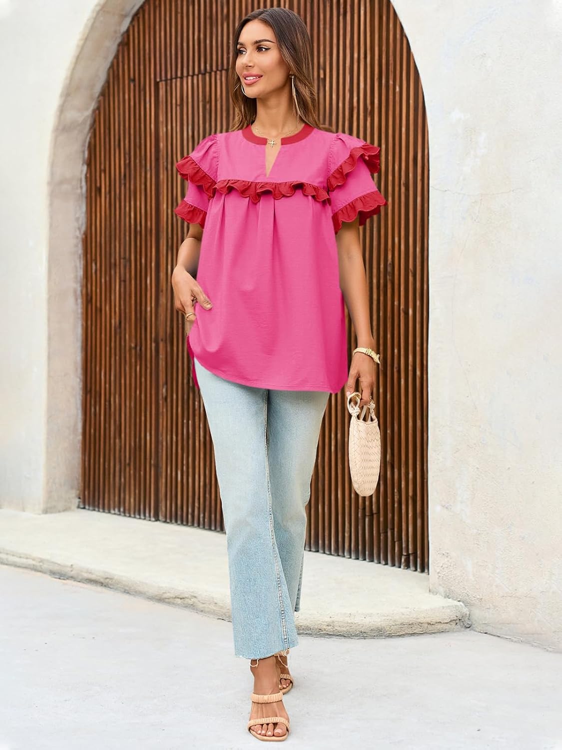 Tankaneo Womens Ruffle Sleeve Babydoll Tops Color Block Summer V Neck Pleated Blouse Dressy Casual Loose Fit Shirts - Image 6