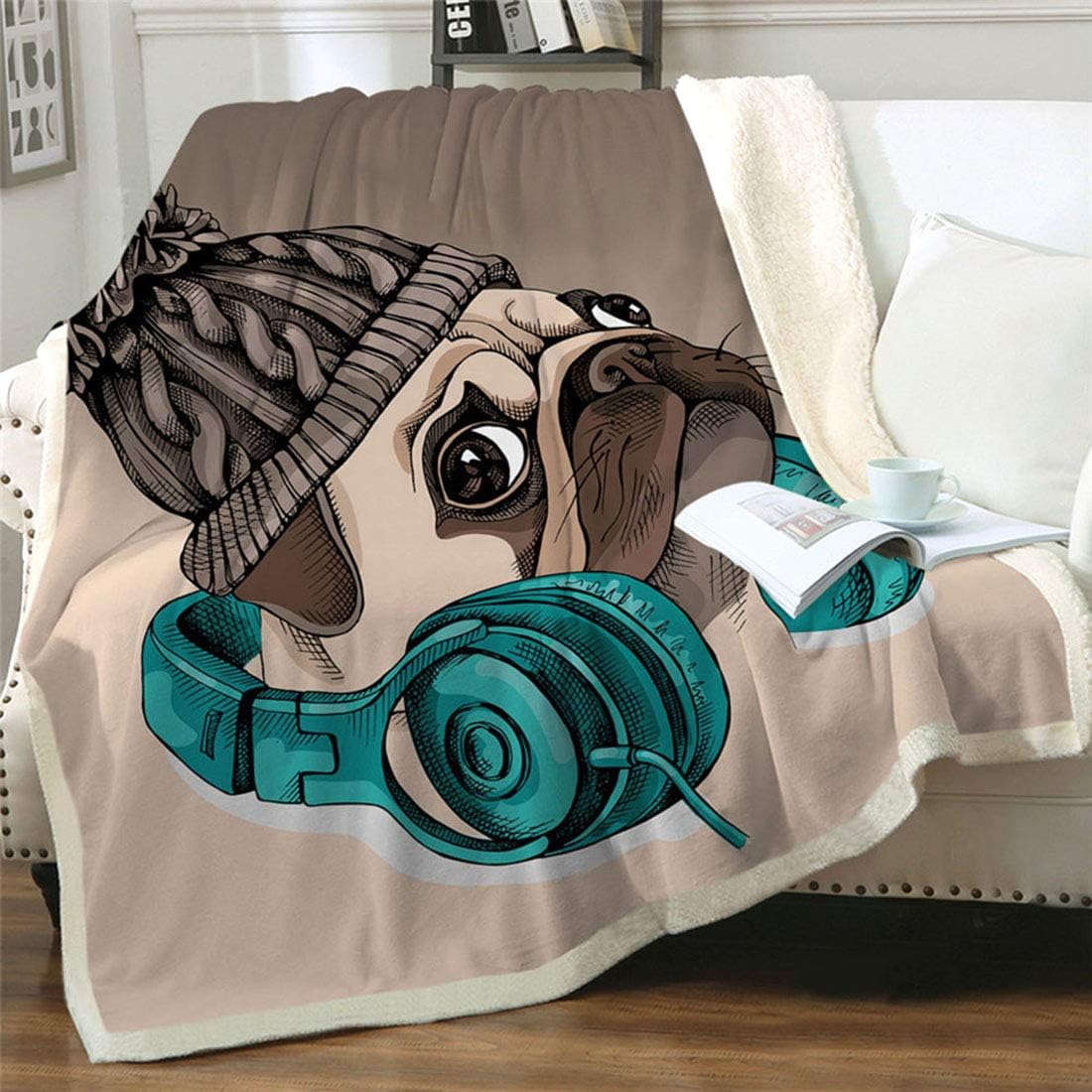 Famitile Pug Throw Blanket, Cool Listening to Music Puppy Fleece Blanket Super Soft Warm Throw Gifts for Kids and Adults (Pug-9, 47" x 60")