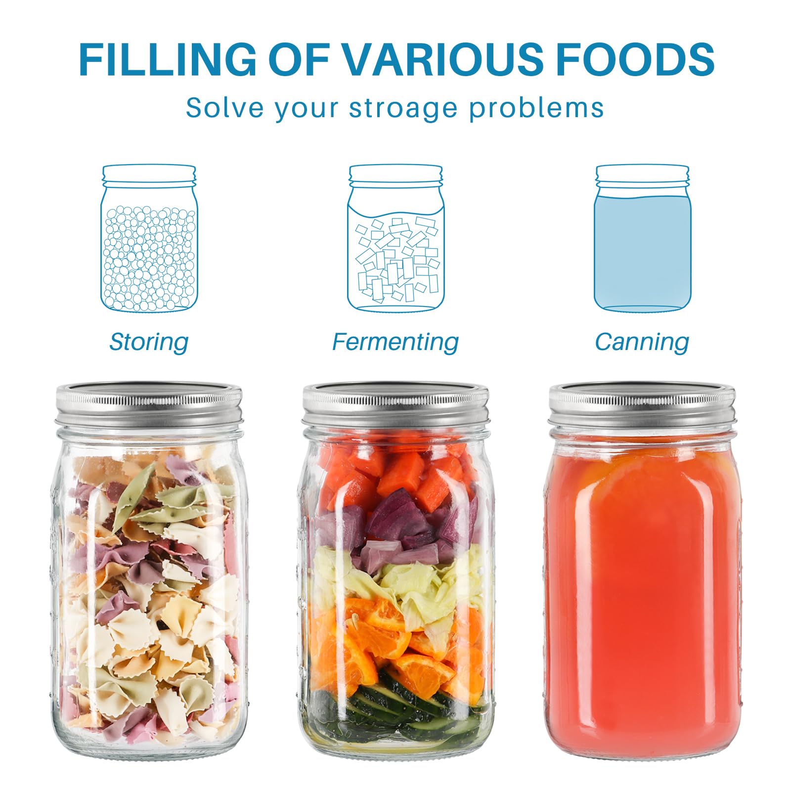 Lot de 6 bocaux Mason en verre de 950 ml avec couvercles et bandes argentés – Pour conserver les aliments en conserve, avoine pendant la nuit, mariner, fermenter, décorer