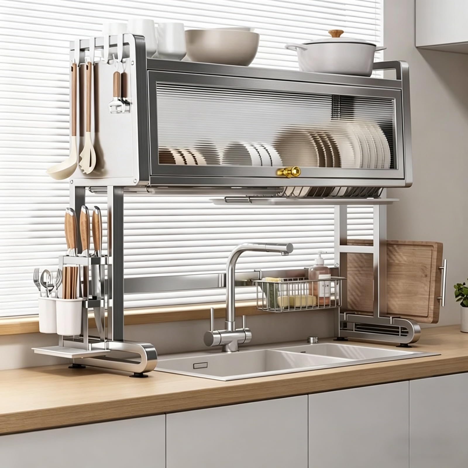 Escurridor de platos de acero inoxidable para colgar sobre el fregadero, almacenamiento de cocina con puertas de armario, soporte para cubiertos, organización para platos y vasos, práctico ahorro de