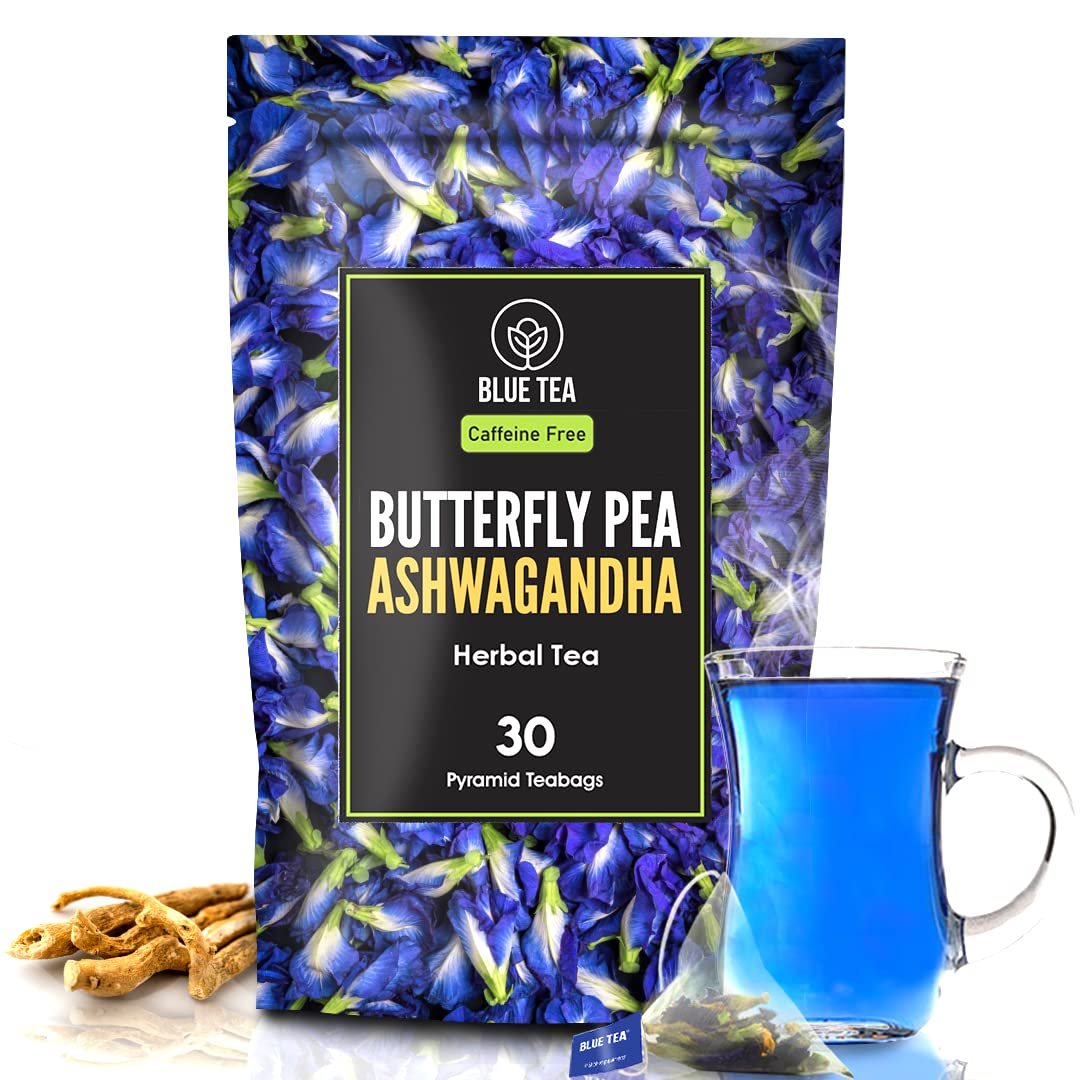 BLUE TEA Butterfly Pea Tea Ashwagandha Tea - 30 PyramidTea Bags - Plant Based || Aparajita - Shankhpushpi || Flower Based - HerbalTea - Caffeine Free - DetoxTea - Non-GMO|Premium Zipper Pack