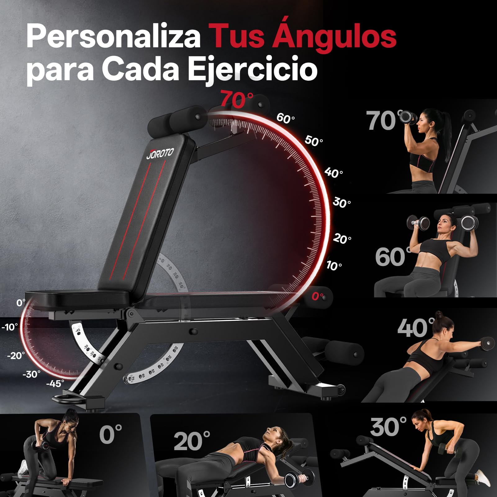 JOROTO MD70 Banco de Pesas Ajustable, Banco de Musculación Multifuncional con Carga Máx 400KG/880LBS, Respaldo 8 Posiciones y Asiento 5 Posiciones Ajustable, Banco Gimnasio para Entrenamiento Integral
