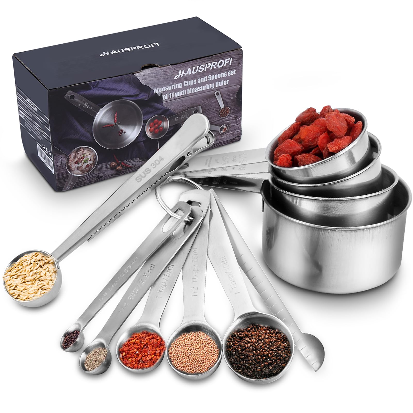HAUSPROFI Measuring Cups and Spoons Set, 13 Pieces Premium Stainless Steel Measuring Spoons with Ruler Scoop/Clip for Baking, Liquid and Solid