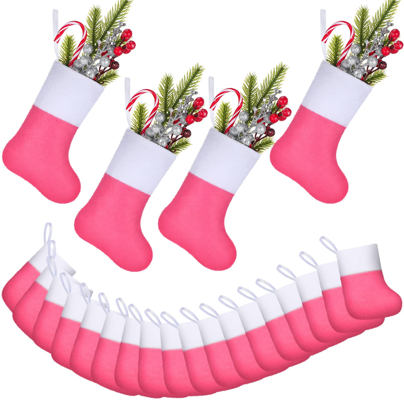 Photo 1 of 36 Pcs 7.5 Inches Mini Christmas Stockings Classic Felt Christmas Hanging Ornament with White Cuff Xmas Stockings Holders Rustic for Gift Card Candy Tree Family Holiday Decor (Pink and White)