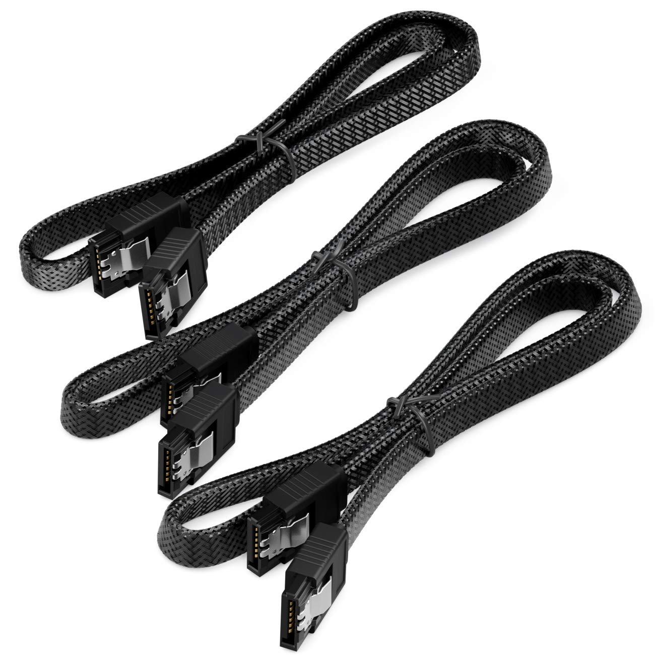 deleyCON 3x 50cm SATA 3 zestaw kabli nylonowych kabel do transmisji danych 6 Gbit/s kabel połączeniowy kabel połączeniowy płyta główna HDD SSD dysk twardy 2 wtyk S-ATA prosty Czarny