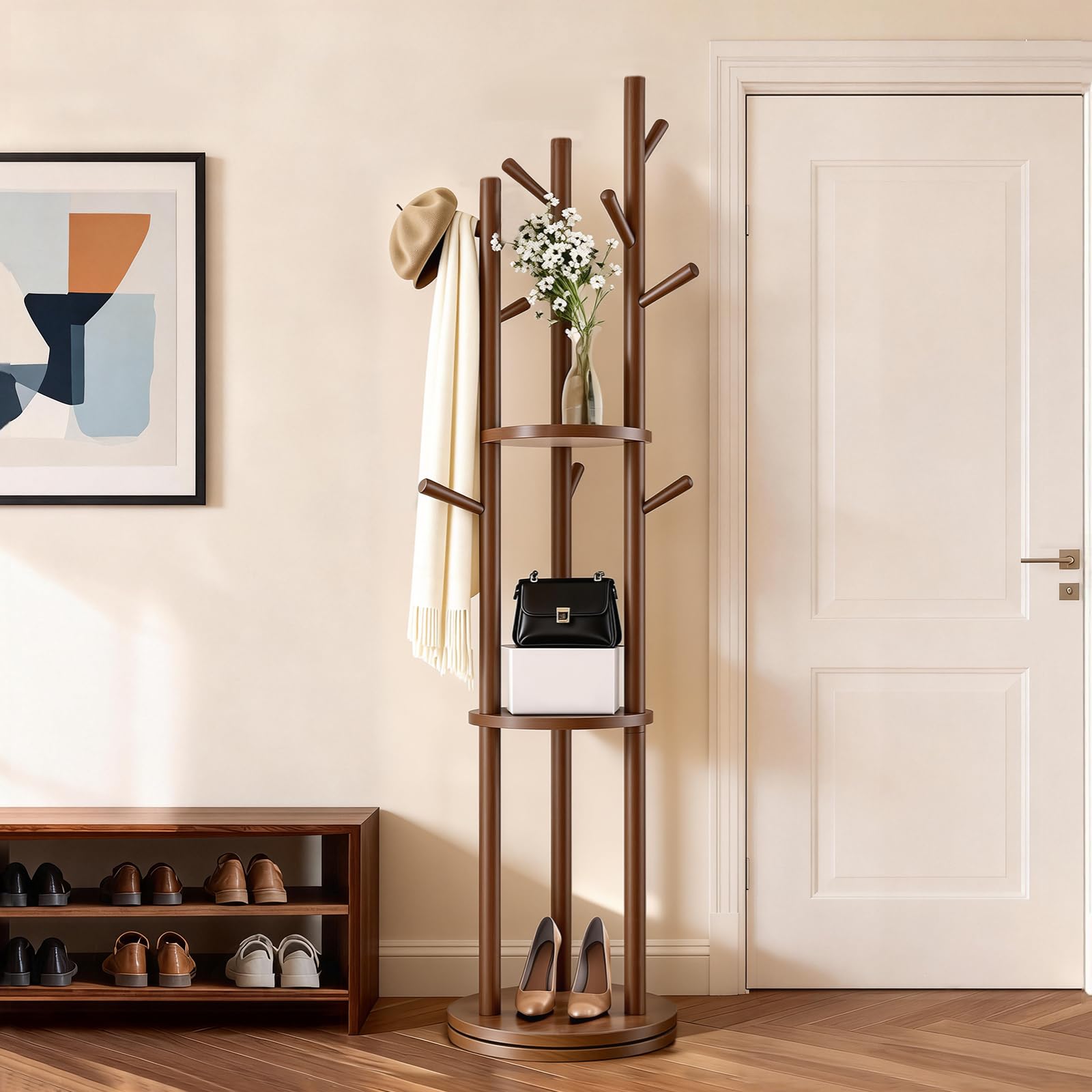 Solid Wood Rotary Coat Rack, Coat Rack Freestanding with 3 Storage Shelves & 9 hooks, Coat Tree for Entryway, Livingroom, Bedroom, Coat Hanger Stand for Coats, Scarves, Handbags, Hat (Walnut)