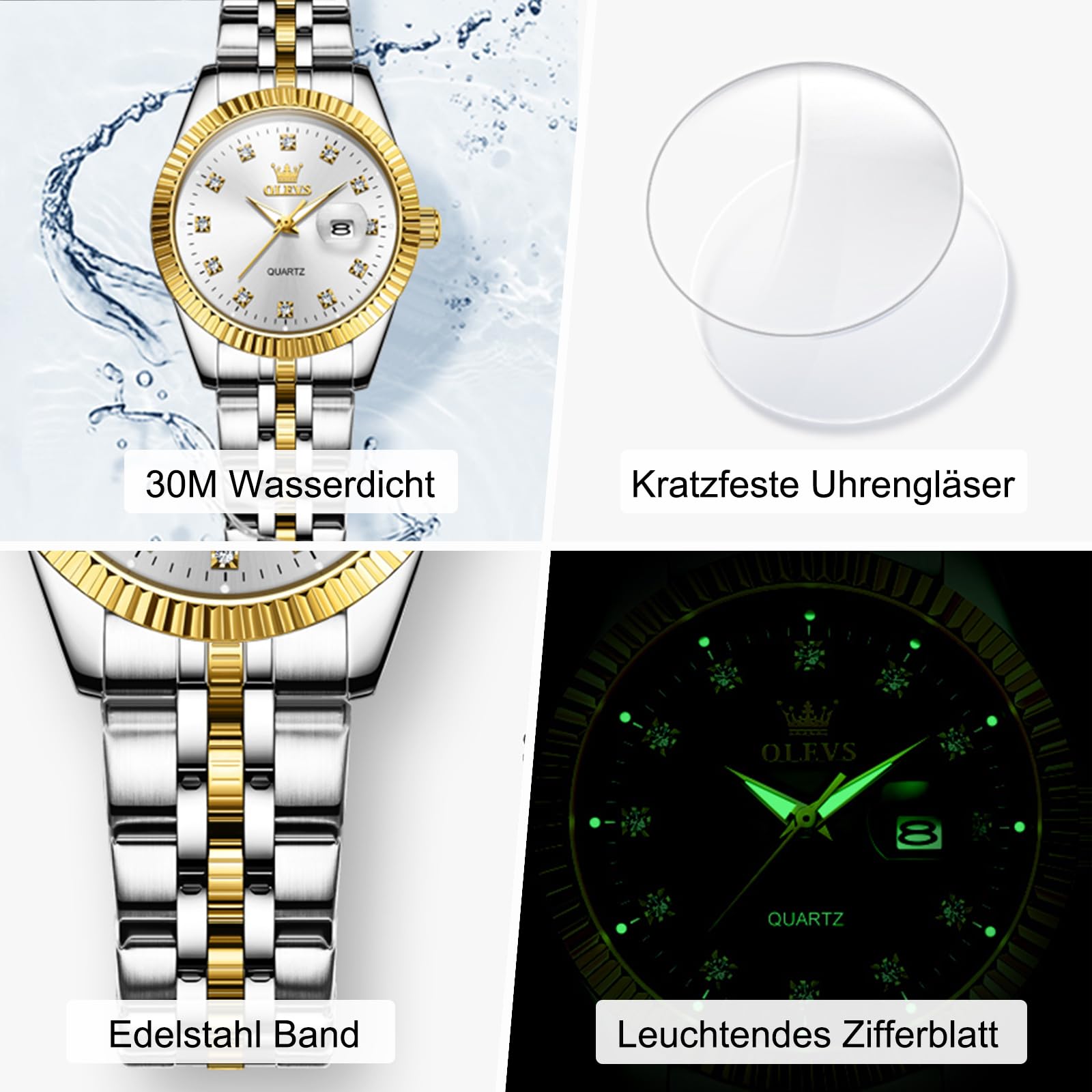 OLEVS Edelstahl Damenuhren Kleine Zifferblatt Moderne Leuchtend Wasserdicht