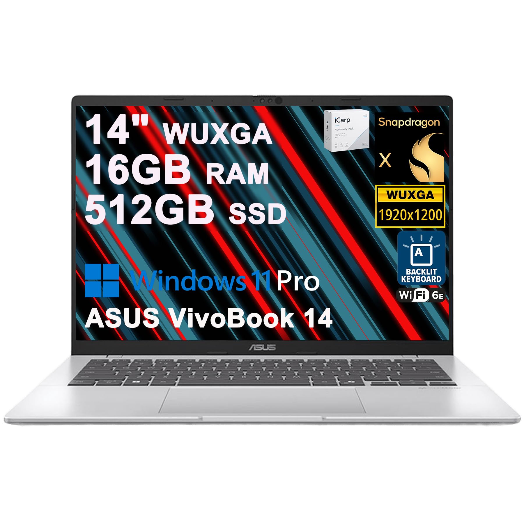 ASUS VivoBook 14 Laptop 14" WUXGA Anti-Glare Snapdragon X 8-core (45 AI Tops) 16GB RAM 512GB SSD Retroilluminato USB4 FHD IR Privacy Camera Wi-Fi6E per Creator Designer Business Professional Win11Pro