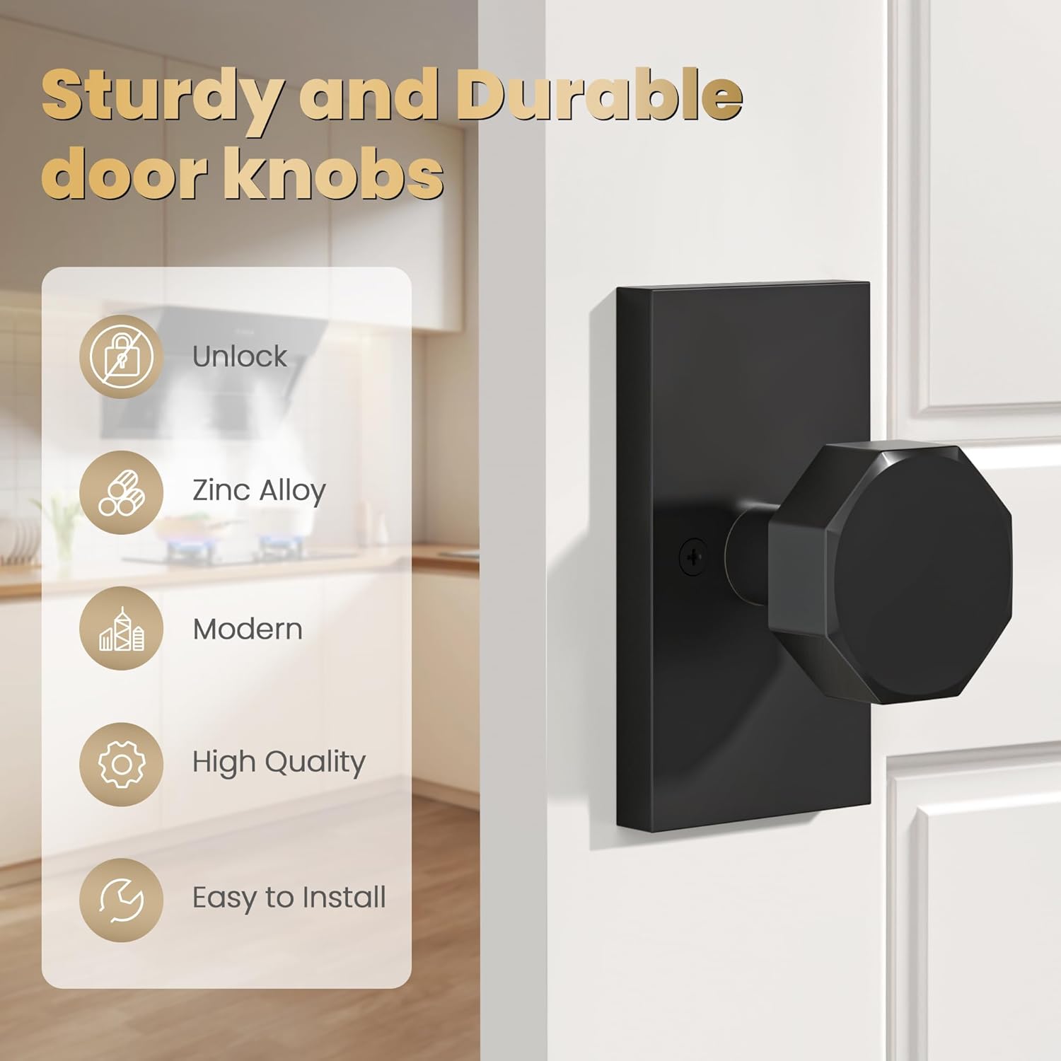 4 Pack Matte Black Door Knobs,Interior Door Handles for Closet and Pantry, Non-Turning Interior Octagonal Push/Pull DoorKnob