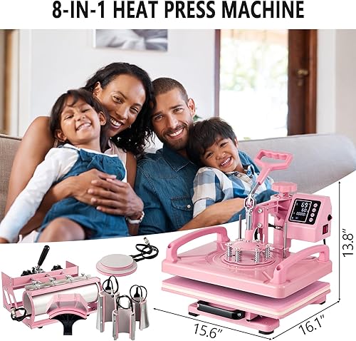 Miniatura 9 de Máquina de prensa de calor 8 en 1 de 12 x 15 pulgadas, máquina de prensa de calor para camisetas, sombreros, tapas, tazas, placa oscilante de 360,