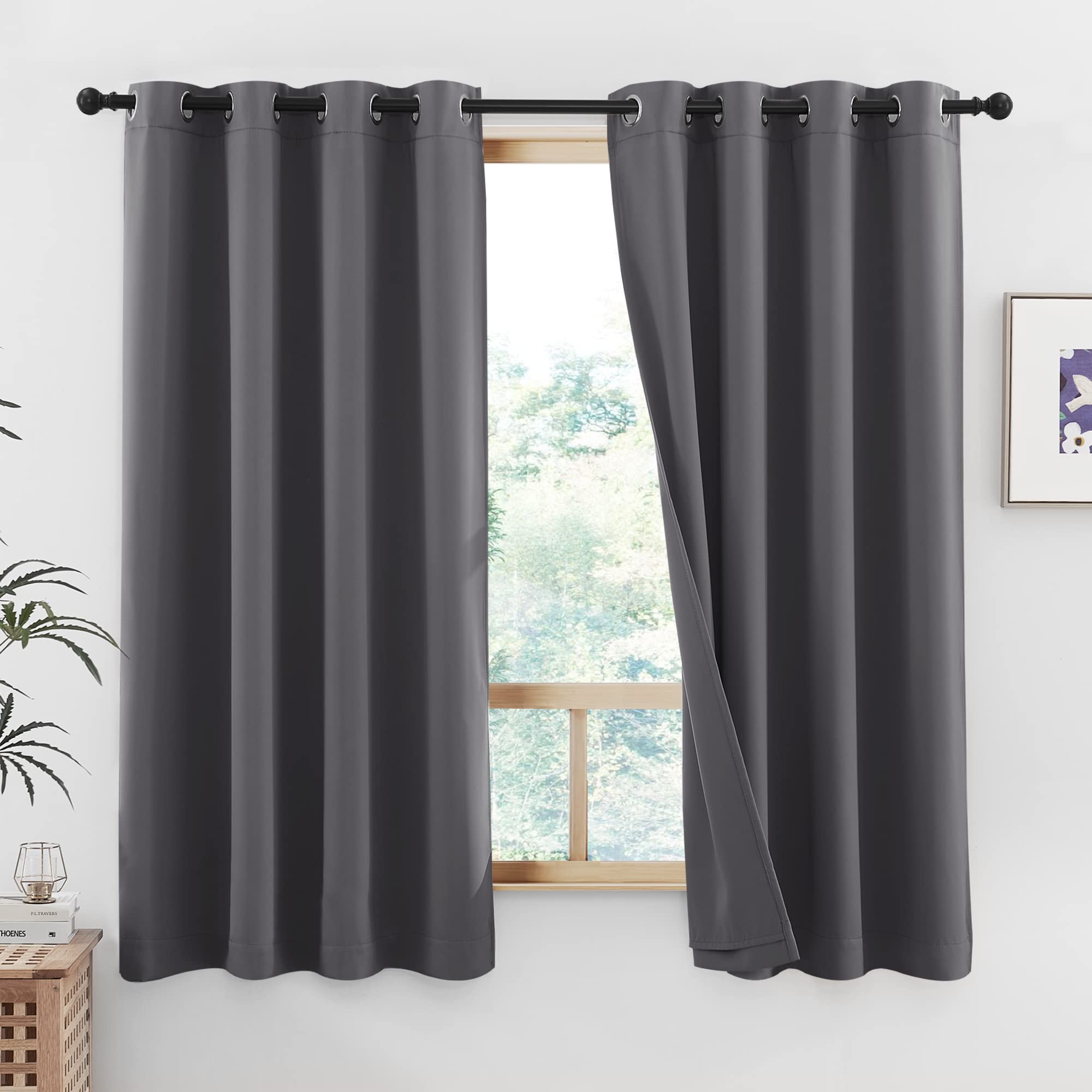 NICETOWN 100% Blackout Curtains with Same Color Liners, Thermal Insulated Full Blackout 2-Layer Lined Curtains, Energy Efficiency Window Draperies for Dining Room (Dark Grey, 2 Panels, 52W by 45L)