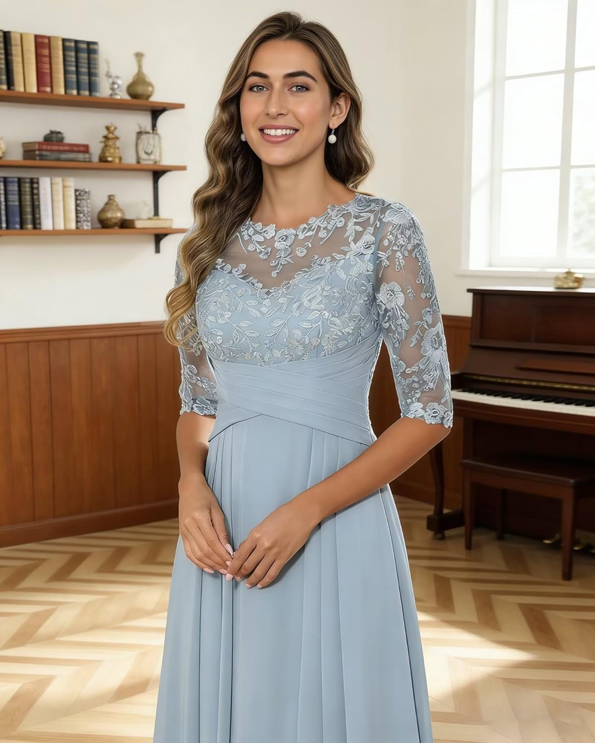 GATMAHE Tea Length Chiffon Mother of The Bride Dresses with Sleeves Lace Ruffles Long Formal Evening Gowns - Image 4