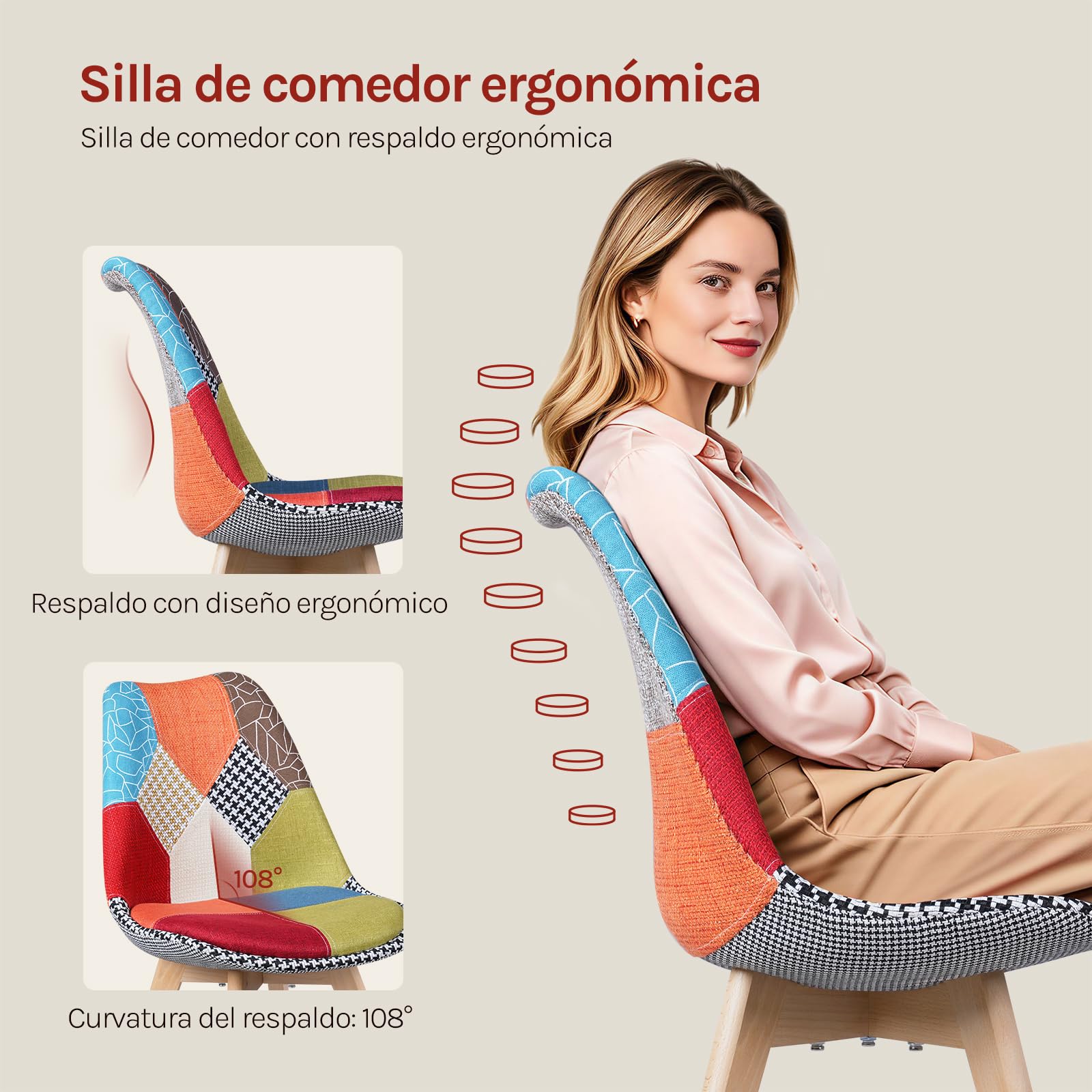 WOLTU Juego de 4 Sillas de Comedor,Patchwork,Multicolor | Patas de Madera Maciza FSC, Estilo Escandinavo, Transpirable y Cómoda, para Comedor o Salón
