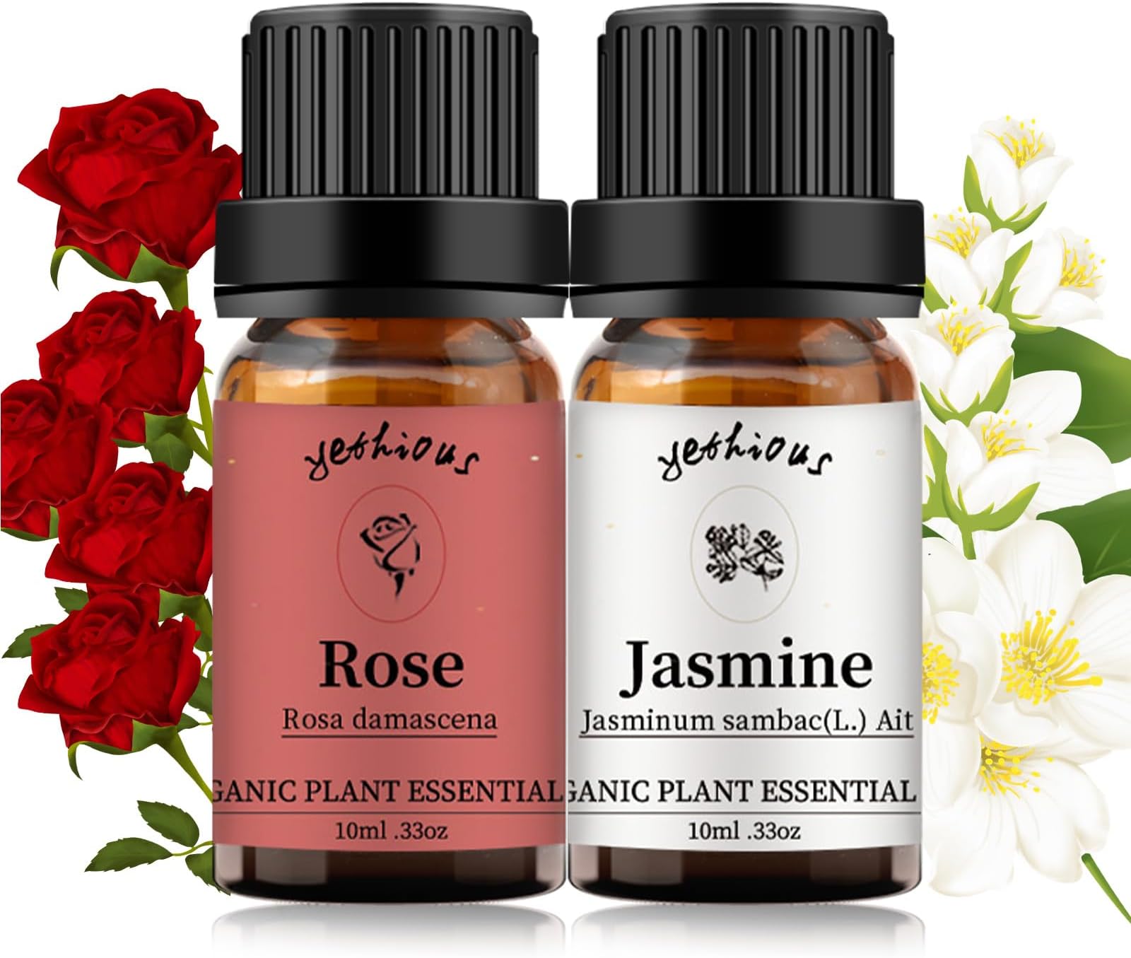 Yethious 2 Pack Rose Jasmine Essential Oil Set 100% Organic Pure Therapeutic Grade Aromatherapy Gift Oil- 2X 10ml 0.33oz