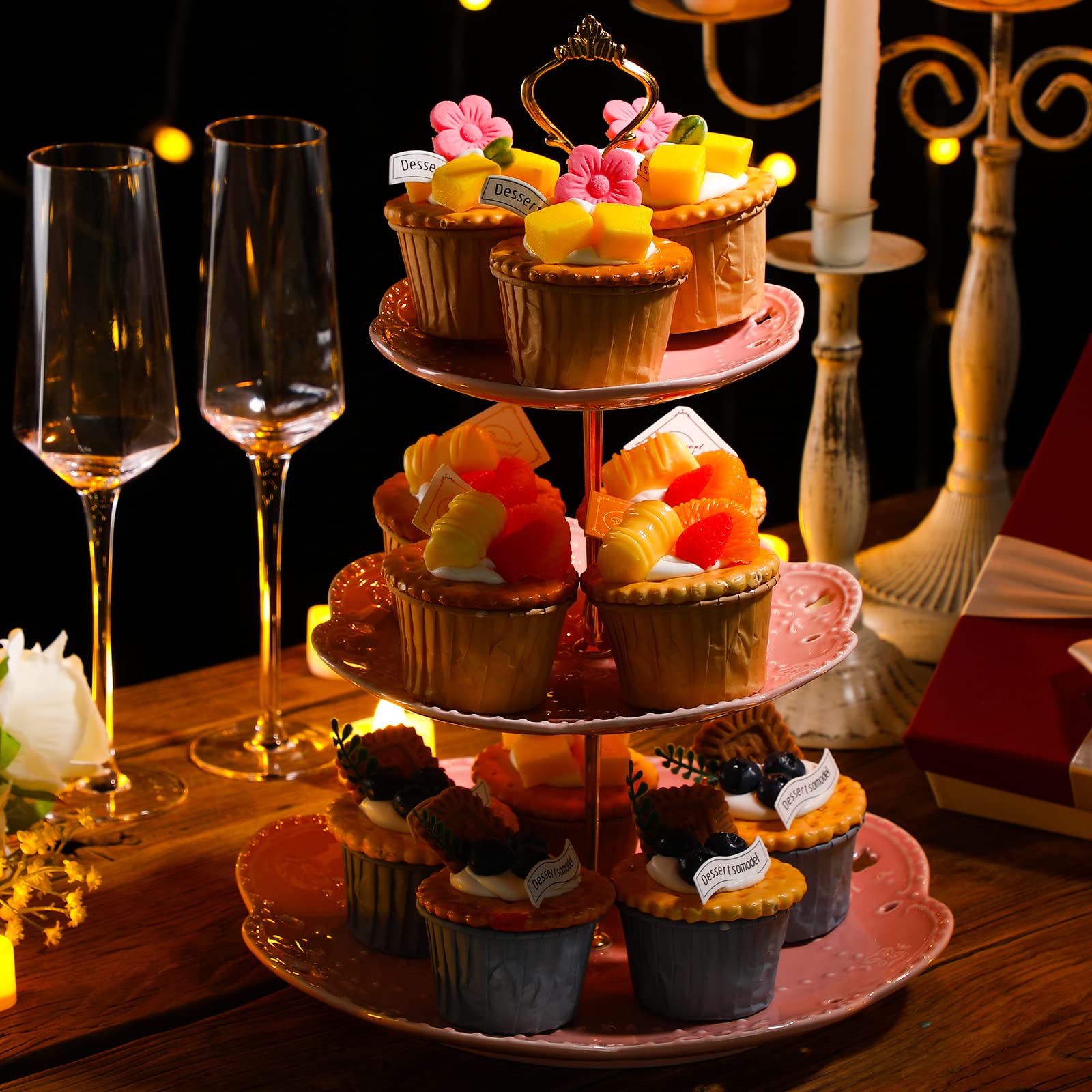 Tanlade 2 Pcs Porcelain Cupcake Stand 3 Tier Serving Tray Dessert Tiered Tea Party Plates Embossed 3 Tier Cake Stand High Tea Elegant Stand Cupcake Platter for Wedding Birthday(Pink)