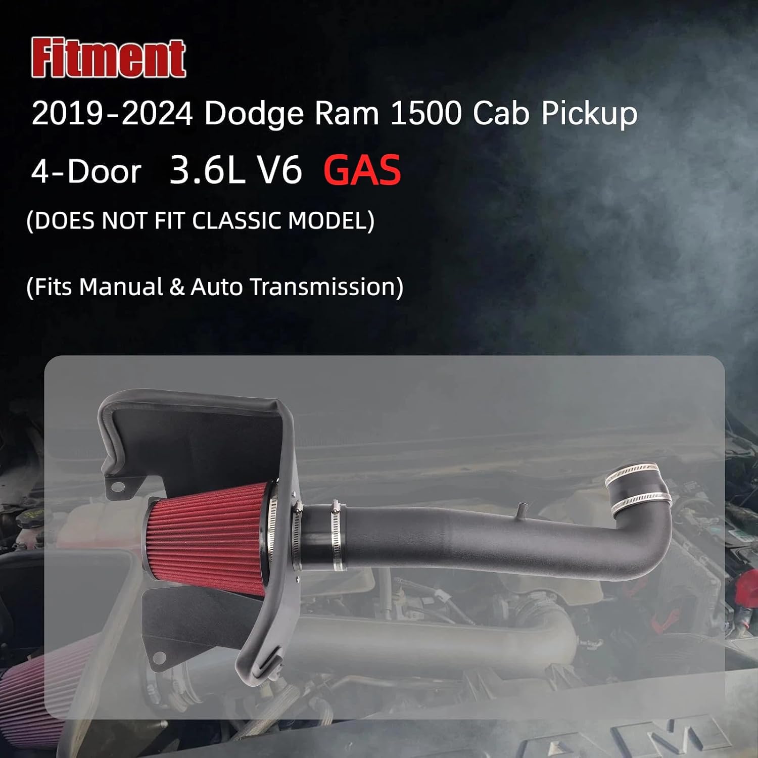 Gas Cold Air Intake Compatible with 2019-2026 Ram 1500 3.6L V6 GAS Increased Horsepower/DOES NOT FIT CLASSIC MODEL/Fits Manual & Auto Transmission//