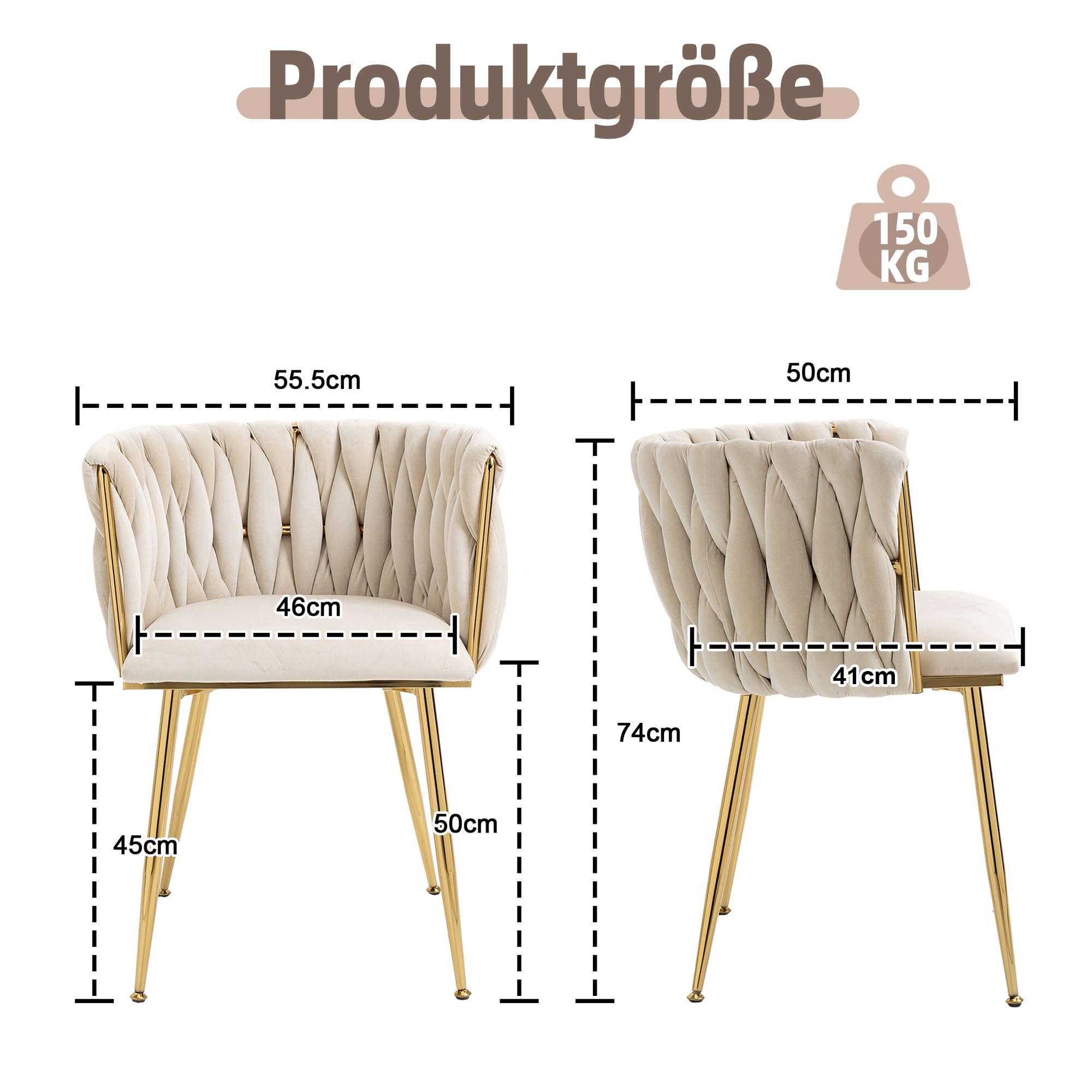 Set di 2 sedie da pranzo in velluto moderno e lussuoso con gambe in metallo dorato, elegante design intrecciato a mano e morbidi cuscini per sala da pranzo, soggiorno e camera da letto