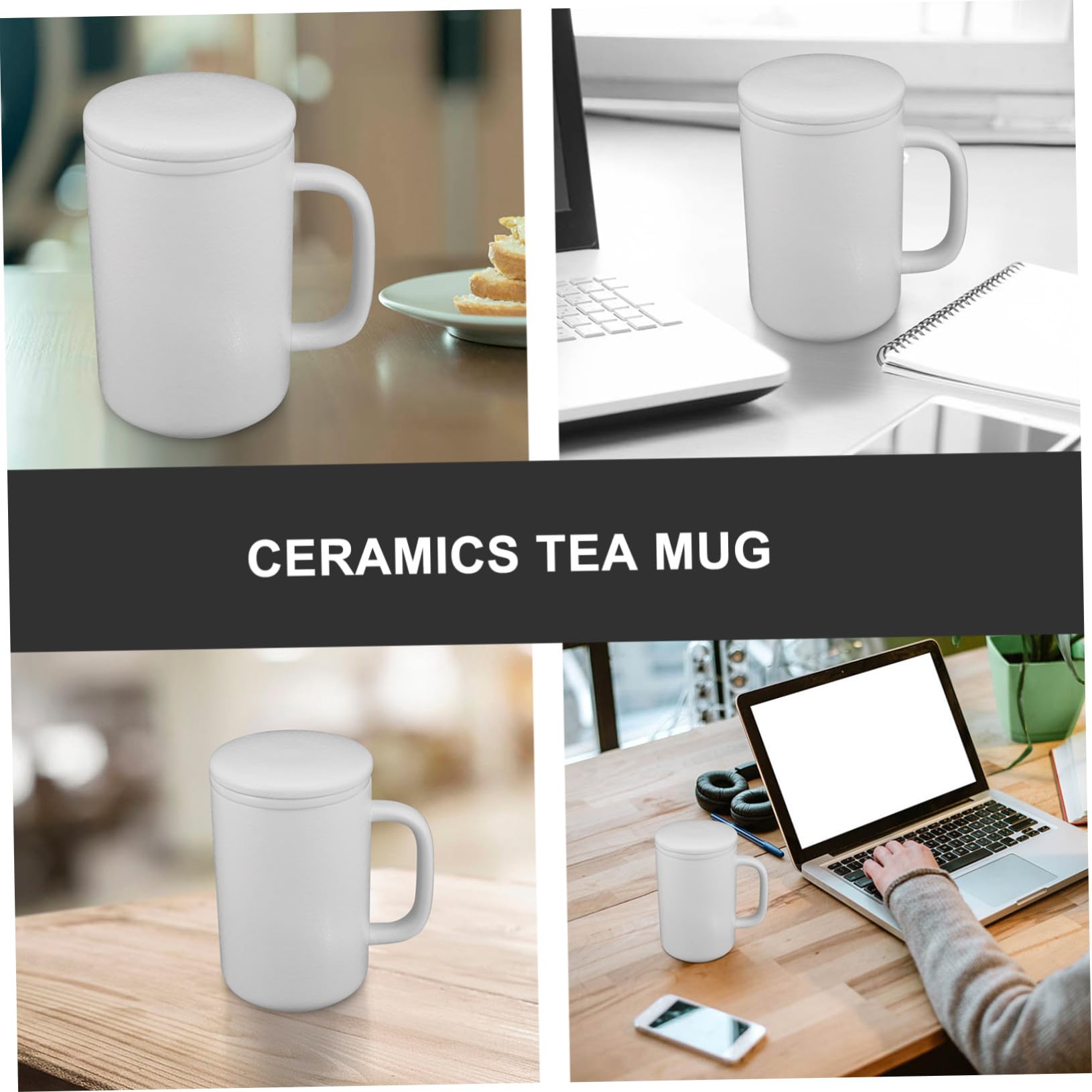 Keramiktasse 400ml mit Deckel und Teesieb, Weiß, Schlicht