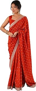 AKHILAM Women's Rust Vichitra Silk Foil Print Saree With Unstitched Blouse Piece | saree for woman | Designer Saree for Wo...