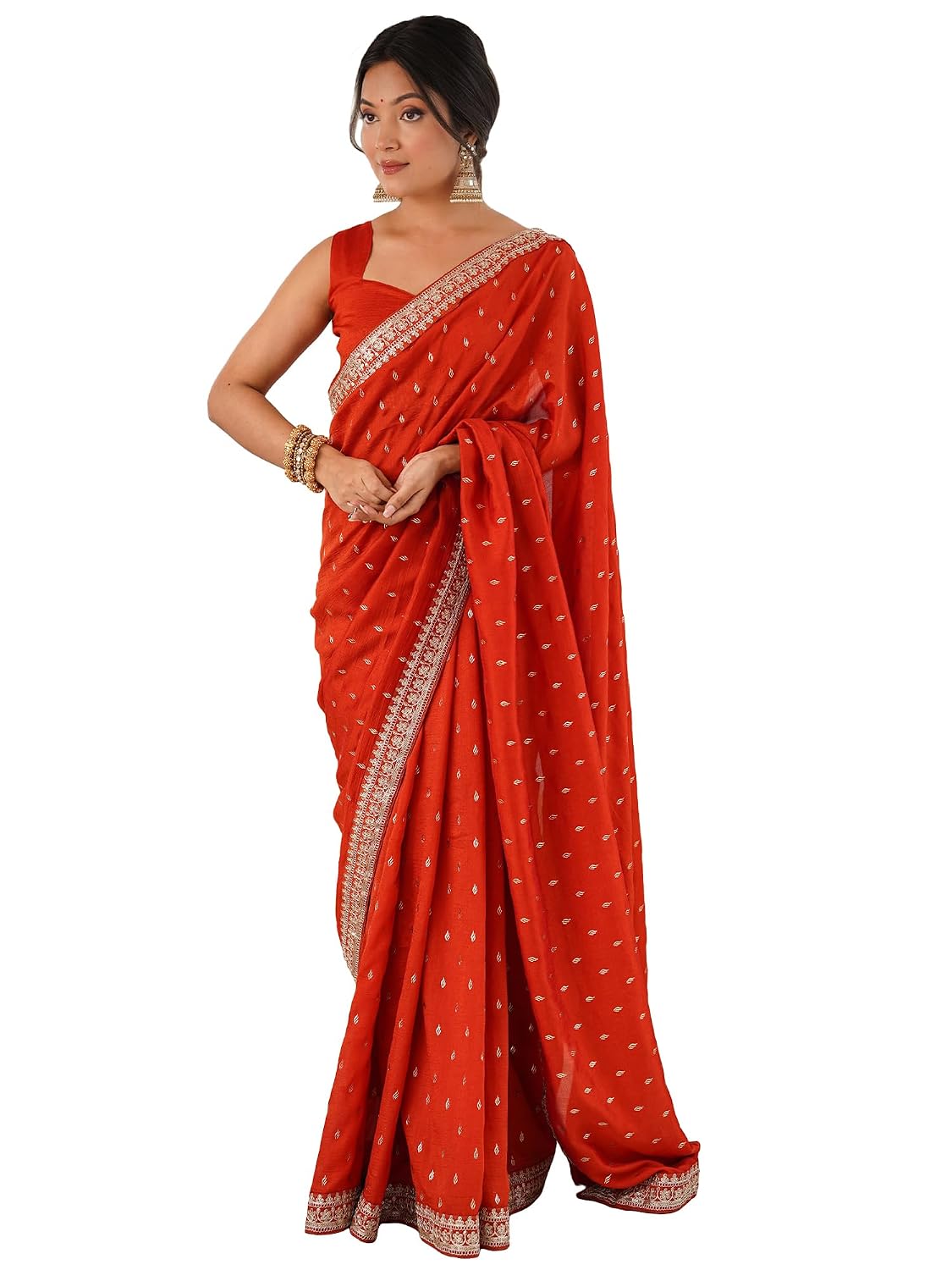 AKHILAM Women's Rust Vichitra Silk Foil Print Saree With Unstitched Blouse Piece | saree for woman | Designer Saree for Wo... - Review, Price and Buying Guide