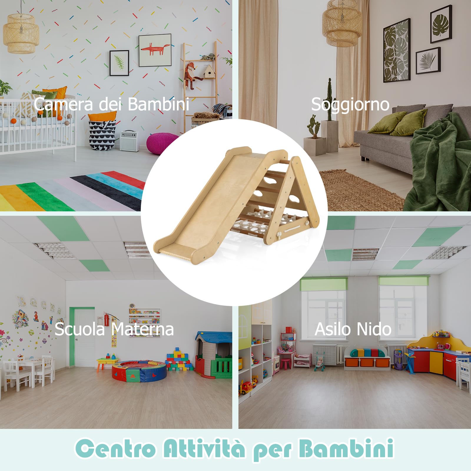 GYMAX 3 in 1 Scala di Arrampicata per Bambini, con Rete di Arrampicata, Tavola e Scala di Arrampicata e Scivolo, Struttura a Triangolo in Legno per Uso Interno (Naturale)