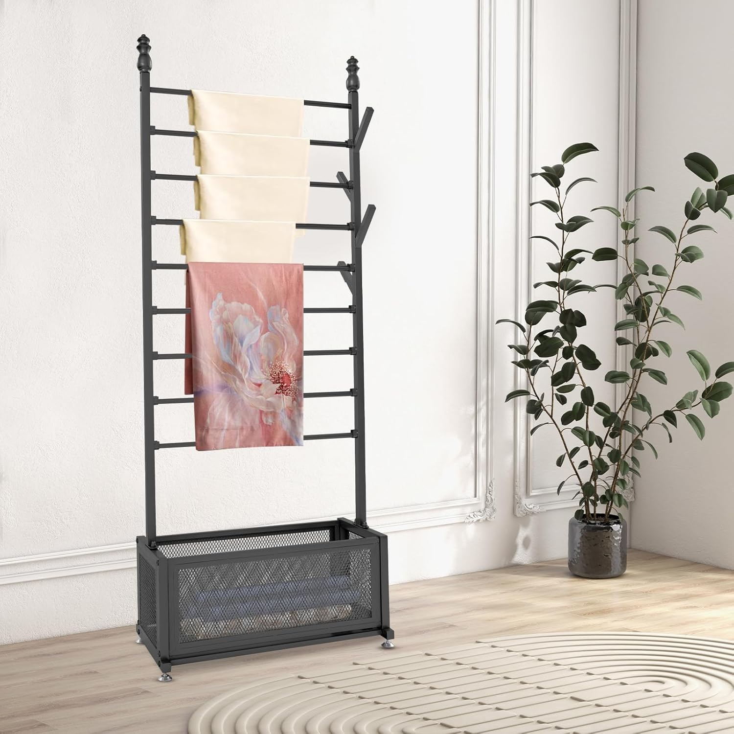 ribbon rack,ribbon holder organizer rack, 9 Tiers Floor Rolling Ribbon Organizer Wrapping Paper Tie & Scarf Rack With Storage Basket,(Black)
