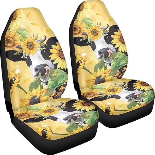 Miniatura 4 de Drydeepin Juego de 2 fundas de asiento delantero de automóvil con estampado de vaca de girasol amarillo, ajuste universal para la mayoría de