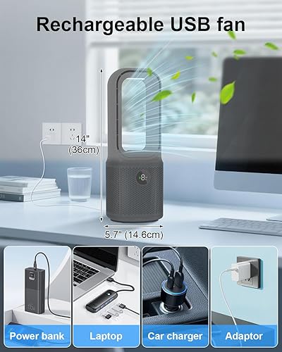 Miniatura 7 de Ventilador de escritorio sin aspas, ventilador de torre recargable USB de 14 pulgadas con 9 velocidades ajustables, 3 luces, oscilante de 60,