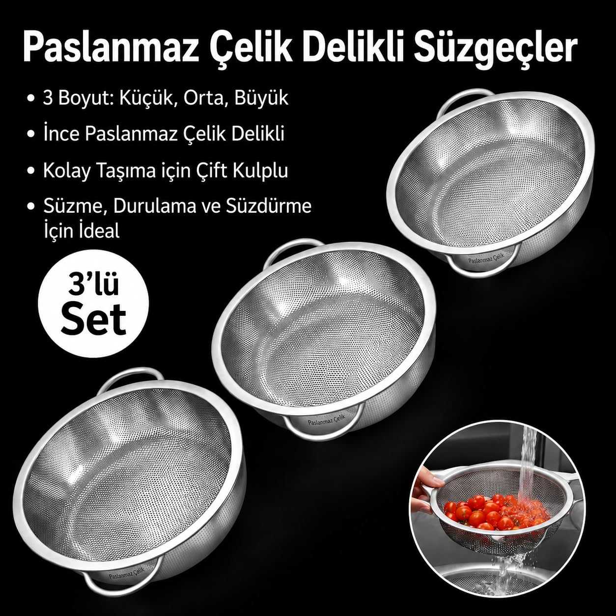 VIVALUXE 3’lü Paslanmaz Çelik Mutfak Süzgeç Seti, İnce Telli Profesyonel Metal Süzgeçler, Küçük Orta Büyük Boy, Dayanıklı ve Hijyenik Tasarım, Makarna, Sebze, Meyve, Bakliyat ve Pirinç Süzme Aparatı.