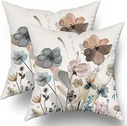 Juego de 2 fundas de almohada decorativas de 18 x 18 pulgadas, color verde azulado, marrón, crema, gris, beige, flores, decorativas, rústicas,