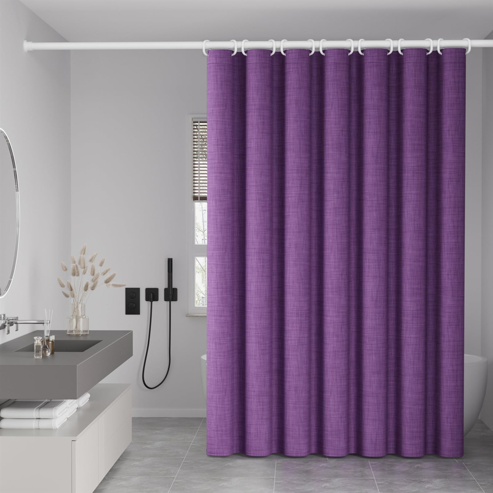 Cortina de ducha de lino morado impermeable y lavable, con tela antimoho, 200 x 180 cm, incluye ganchos, ideal para decoración de baño elegante y protección de la privacidad.
