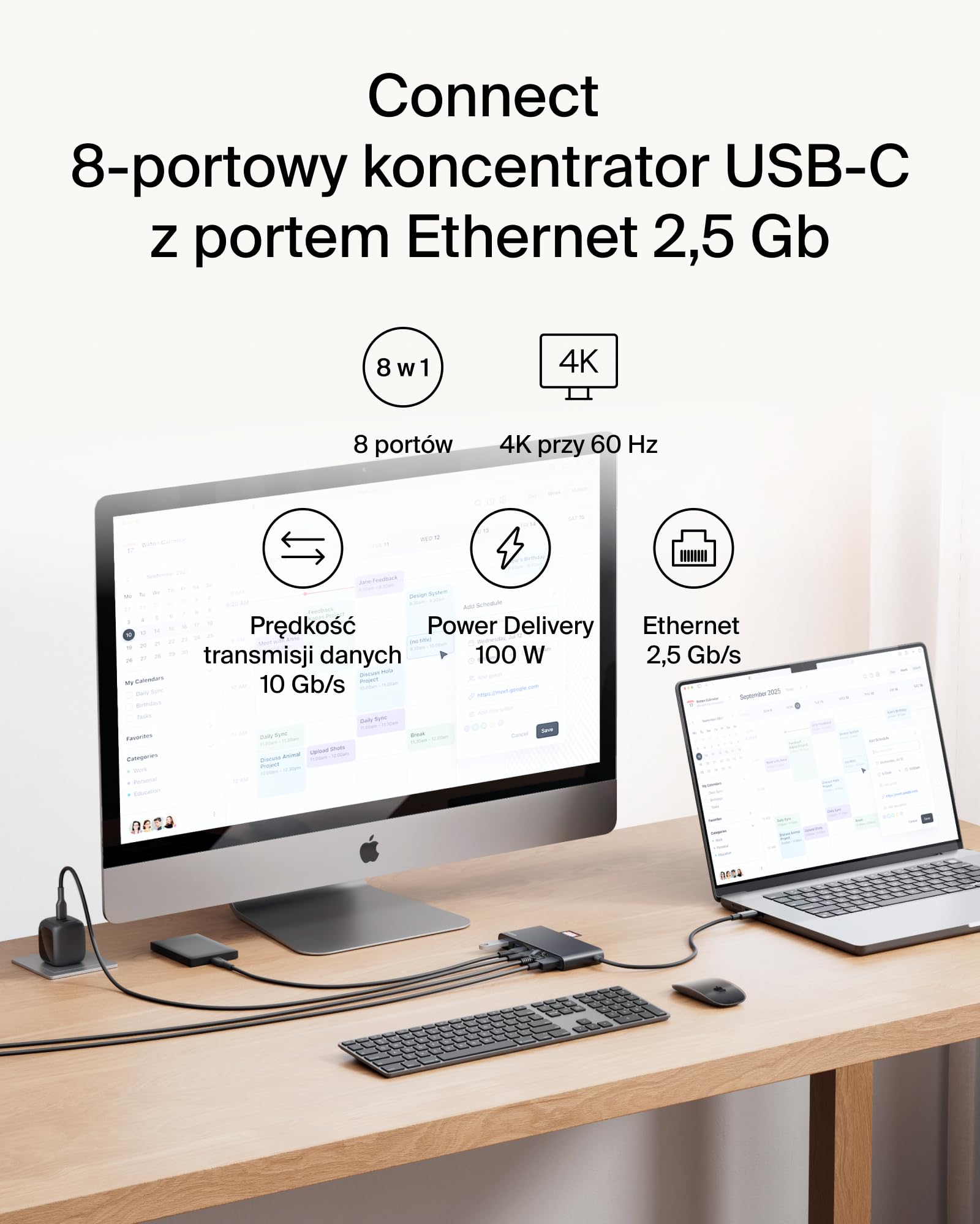 Belkin Connect 8-portowy USB C Hub, Obsługa Wyświetlaczy do 4K przy 60 Hz – Działa z Urządzeniami Mac, Windows i Chromebook – 100 W PD, Transmisja Danych 10 Gb/s, Ethernet 2,5 Gb/s – Czarny