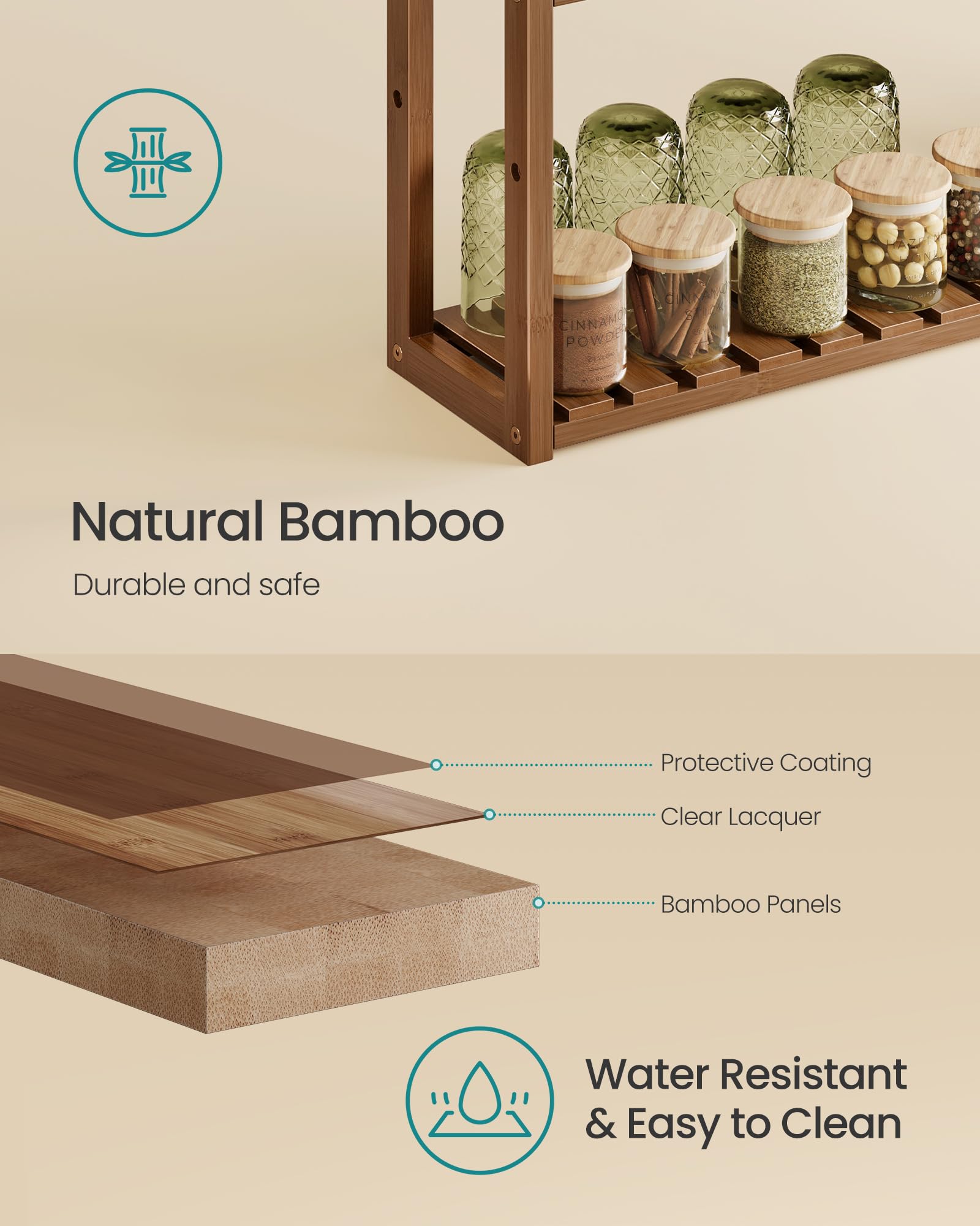 SONGMICS Mensola da bagno in bambù, 3 ripiani, regolabile, da parete o da appoggio, in soggiorno, balcone, cucina, 15 x 60 x 55 cm, marrone caffè UBCB013K01