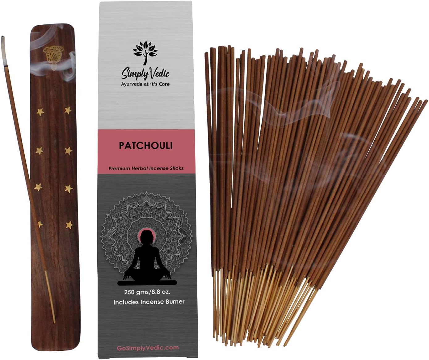 Simply Vedic Patchouli Incense Sticks 250-Grams (Approx 135 Premium Incense Stick + Incense Holder)| Lasts 60-Minutes, Ideal for Meditation, Yoga, Spiritual Healing, Prayers, Aromatherapy