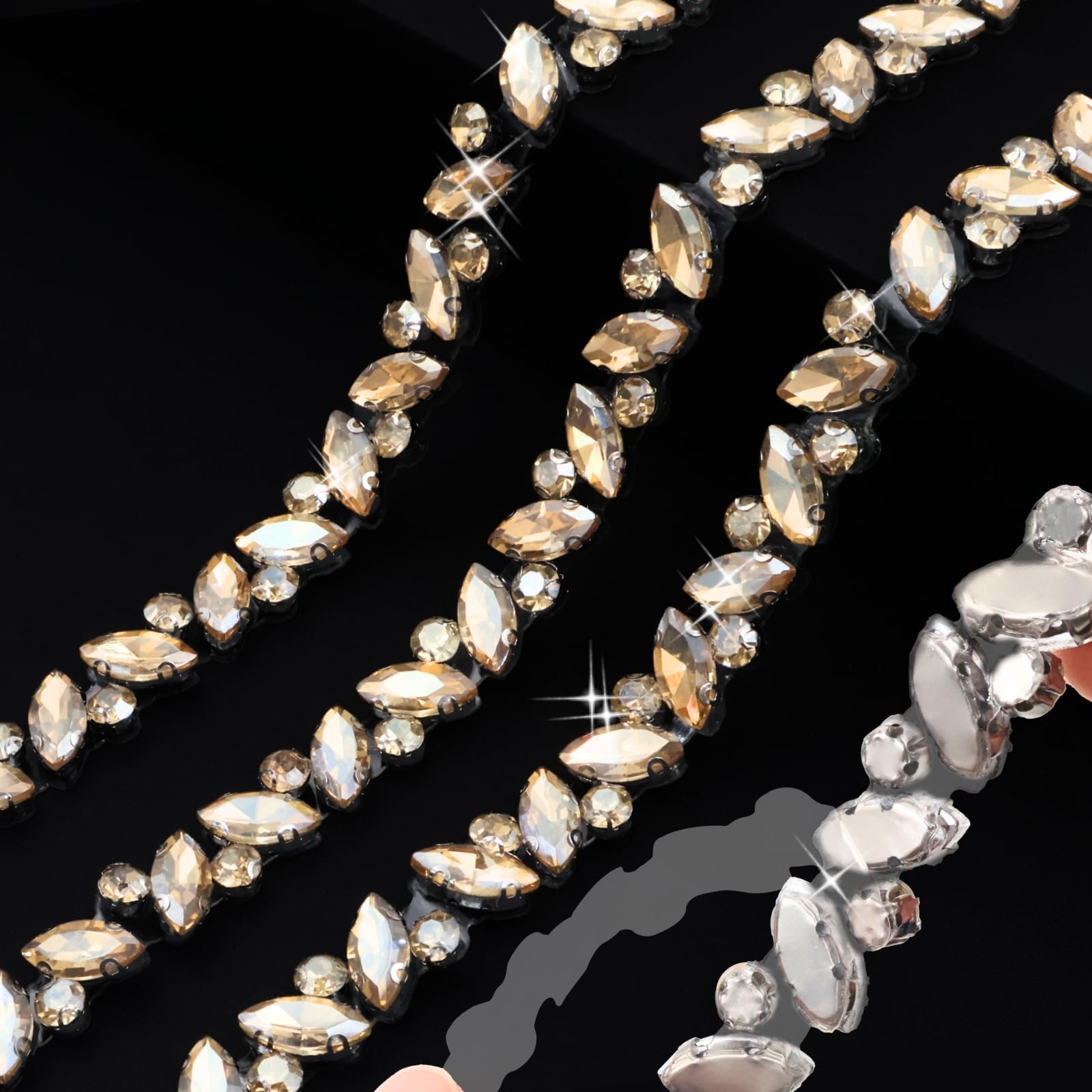 PEARLY JUN 2 Yards Champagne Gold Self Adhesive Rhinestone Ribbon Crystal