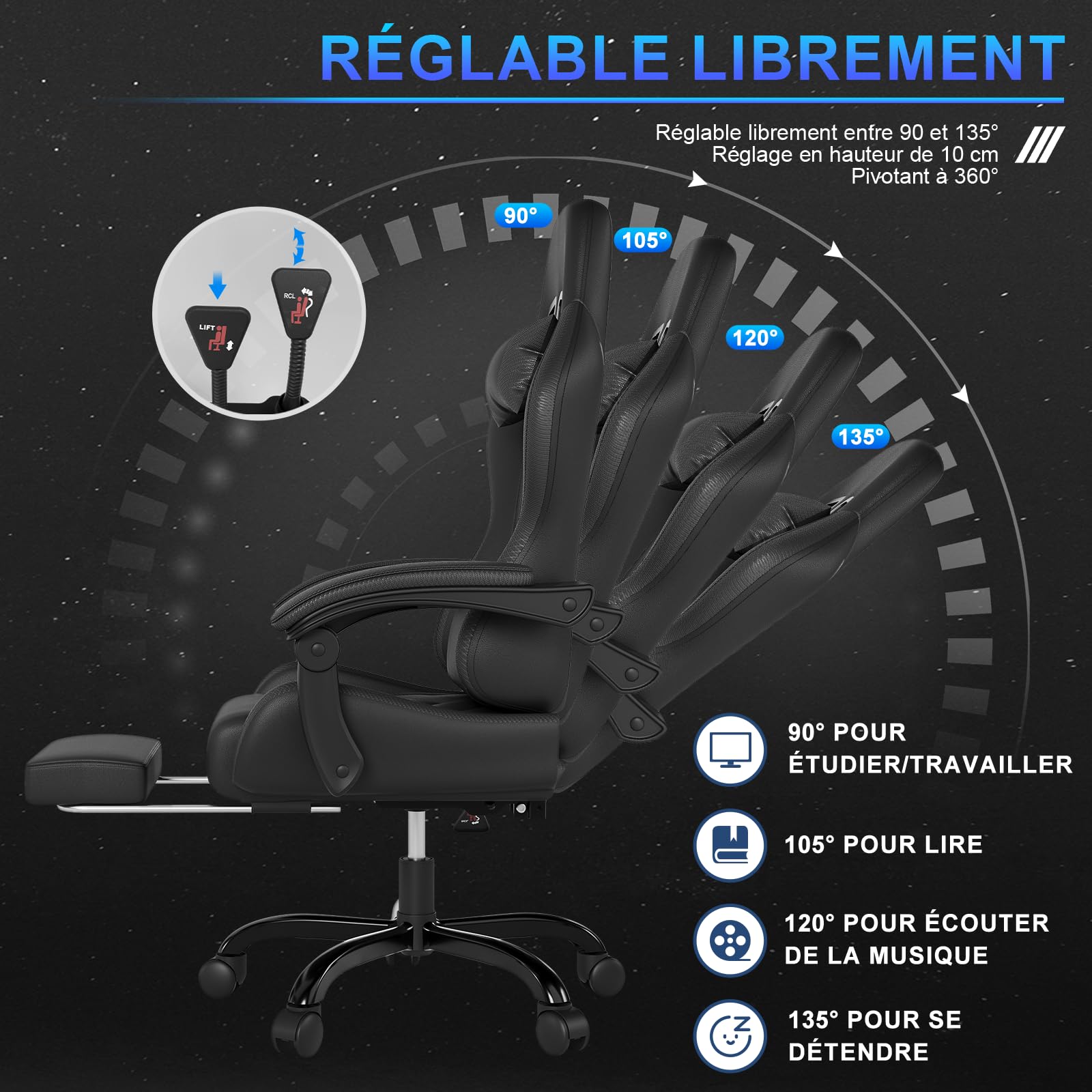 JUMMICO Chaise de gaming ergonomique avec coussin lombaire de massage - Dossier réglable de 90 à 135 ° et repose-pieds - Charge maximale : 150 kg - Noir