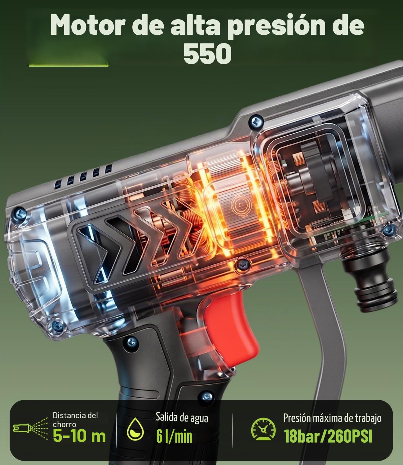 Hidrolimpiadora de Alta Presion, Limpiador de Alta Presión Portátil, Pistola de Agua a Presión, máx 260 PSI, con 2 Baterías, Pulverizador de Espuma, Boquilla 6 en1 para Coches, Terraza, Jardín