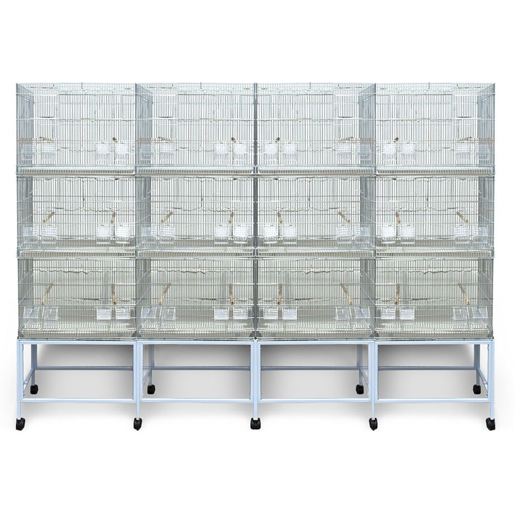 Pet's Solution - Batteria Gabbie da Cova Silver con Carrello e Accessori, per Allevamento, Riproduzione ed Esposizione Uccelli - 4 Moduli con 12 Gabbie di 60x42x43h cm